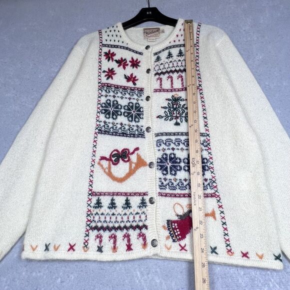 Vintage Woolrich Christmas Sweater Size Large Ivory Holiday Cardigan Wool Mohair - Picture 8 of 11